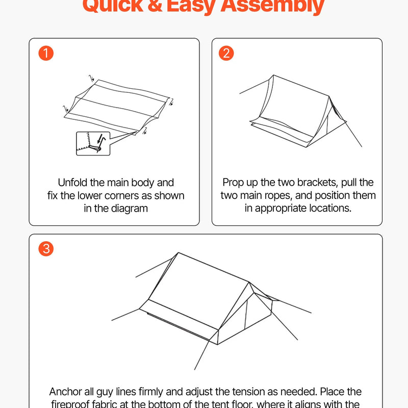Divvietīgs kempinga telts ar krāsns izvadu, ūdensnecaurlaidīgs ziemas 4 sezonu patvērums ar ventilācijas atverēm, viegls un pārnēsājams pārgājieniem, makšķerēšanai un medībām
