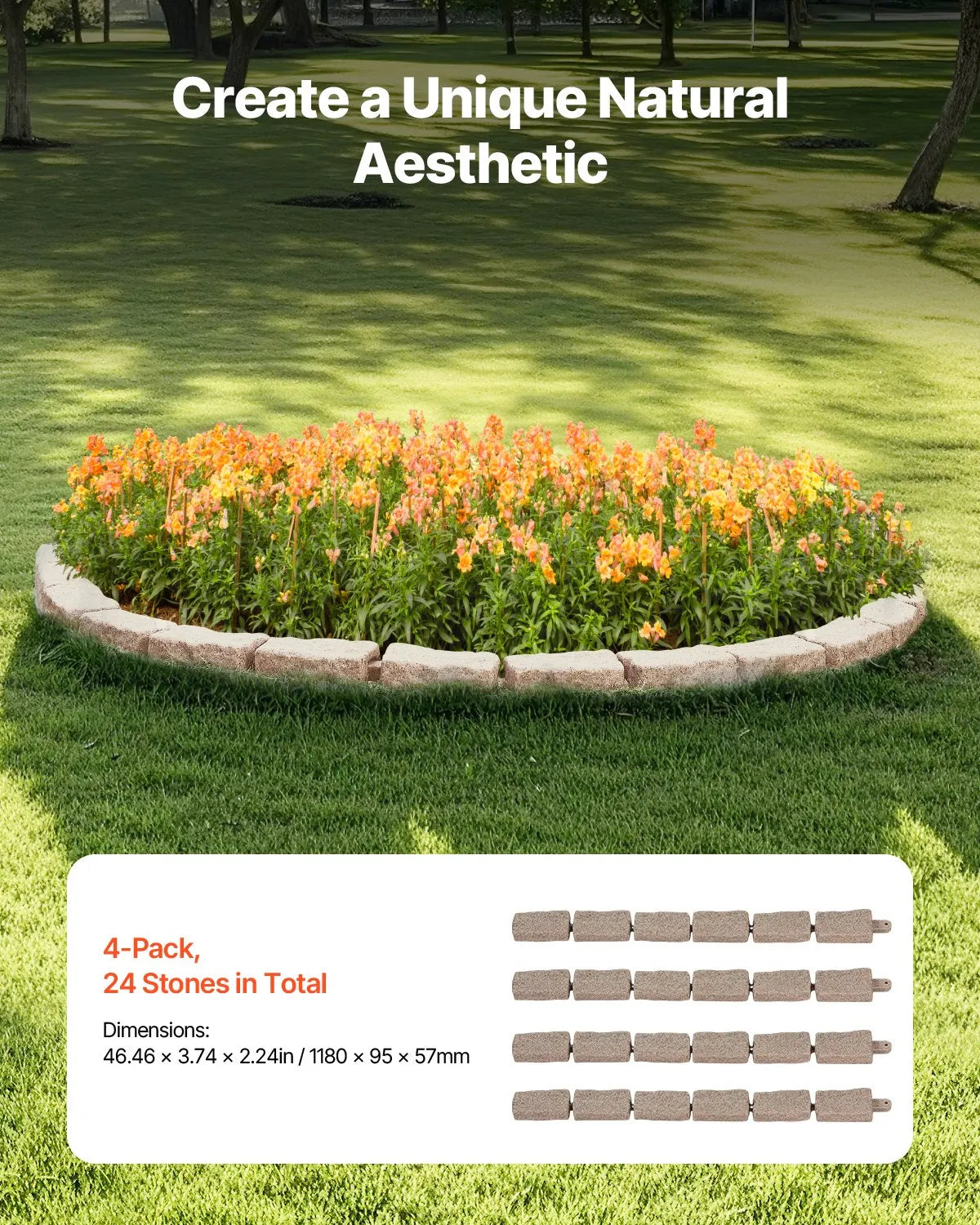 VEVOR Decorative Garden Edging Stone Imitation 117.9 × 5.6 cm, Flexible Brick-Sized Garden Border with Fixing Pegs, Fade-Resistant Lawn and Garden Edging for Driveways and Pathways, Brown