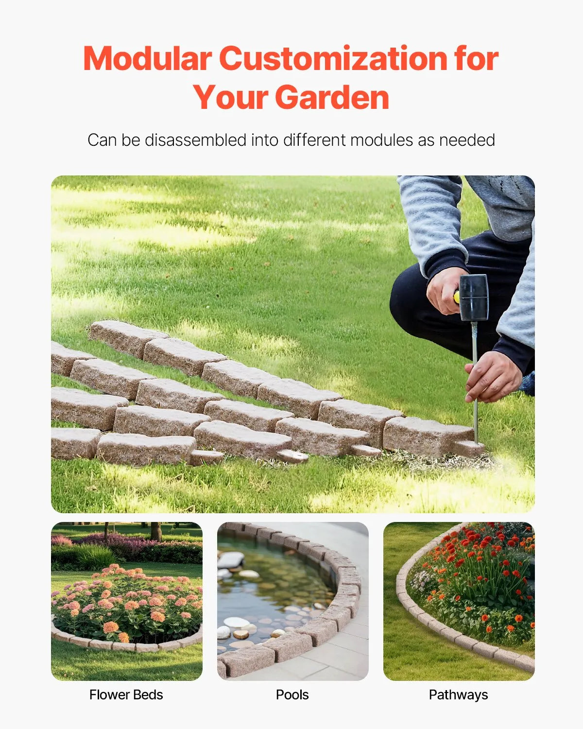 VEVOR Decorative Garden Edging Stone Imitation 117.9 × 5.6 cm, Flexible Brick-Sized Garden Border with Fixing Pegs, Fade-Resistant Lawn and Garden Edging for Driveways and Pathways, Brown