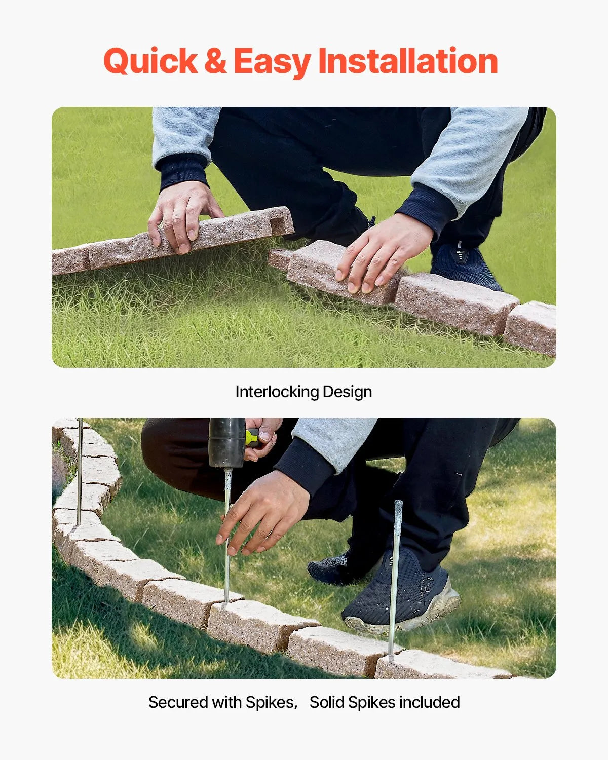 VEVOR Decorative Garden Edging Stone Imitation 117.9 × 5.6 cm, Flexible Brick-Sized Garden Border with Fixing Pegs, Fade-Resistant Lawn and Garden Edging for Driveways and Pathways, Brown