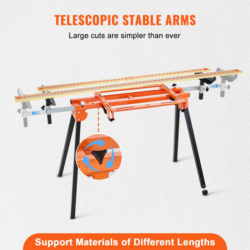 VEVOR 2000 mm miter zāģa statīvs ar viengabala stiprinājumiem, slīdošu sliedi, 150 kg slodze