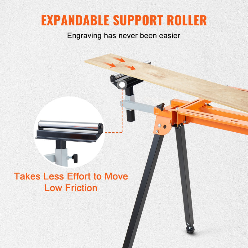 VEVOR leņķzāģa statīvs, 2007 mm salokāms pārvietojams statīvs ar viengabala stiprinājuma skavām un rullīšiem, smagā tipa konstrukcija ar bīdāmu vadotni, kravnesība 150 kg