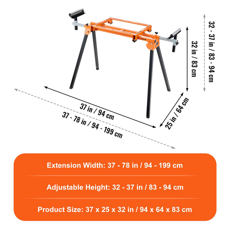 VEVOR 2000 mm miter zāģa statīvs ar viengabala stiprinājumiem, slīdošu sliedi, 150 kg slodze
