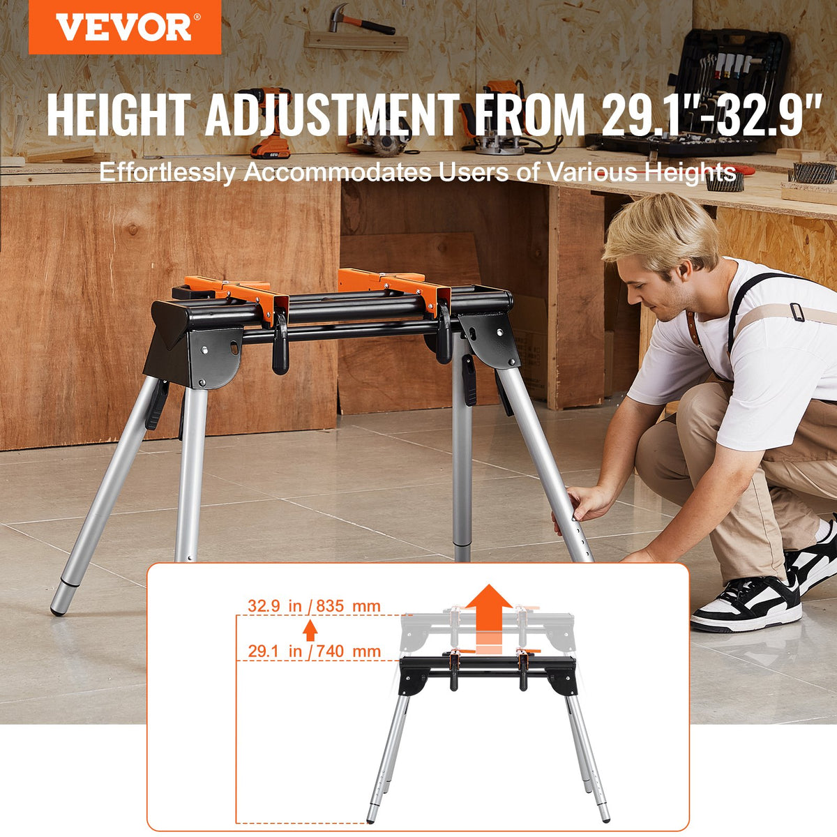 VEVOR Leņķzāģa Statīvs, 330 kg Celtspēja, Tērauda, Augstums Regulējams 74-83,5 cm