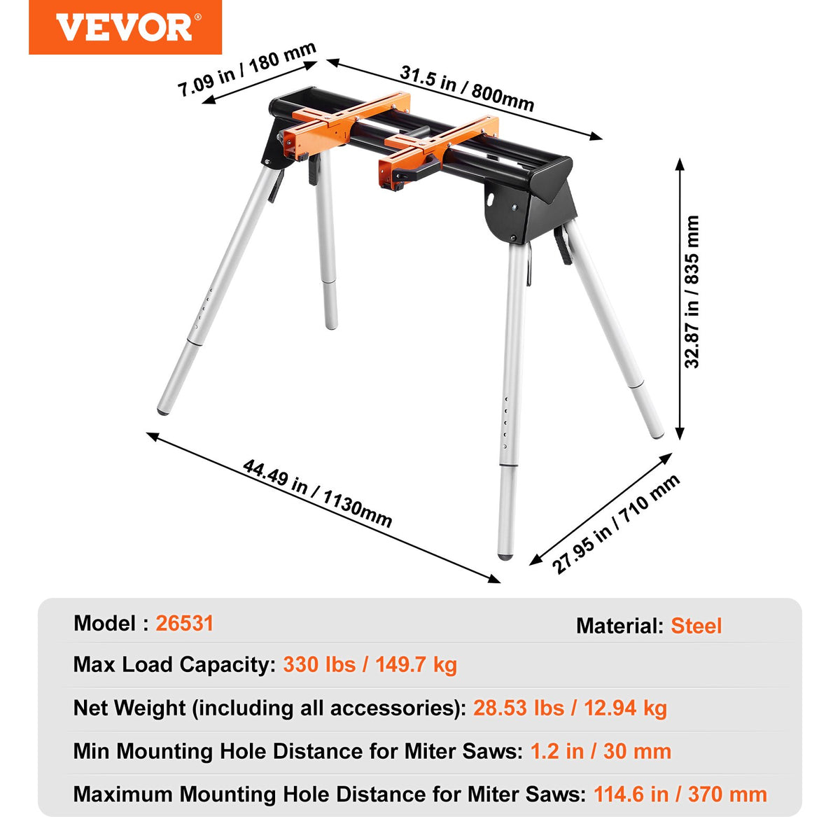 VEVOR Leņķzāģa Statīvs, 330 kg Celtspēja, Tērauda, Augstums Regulējams 74-83,5 cm