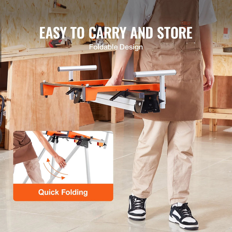 VEVOR leņķzāģa statīvs, kravnesība 136 kg, tērauda salokāma konstrukcija ar viengabala stiprinājuma skavām, regulējams augstums un garums, pārnēsājams un kompakts salokāms statīvs