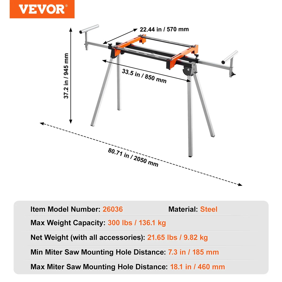 VEVOR leņķzāģa statīvs, salokāms, tērauda konstrukcija, 136 kg slodzes kapacitāte