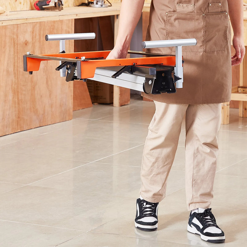 VEVOR leņķzāģa statīvs, kravnesība 136 kg, tērauda salokāma konstrukcija ar viengabala stiprinājuma skavām, regulējams augstums un garums, pārnēsājams un kompakts salokāms statīvs