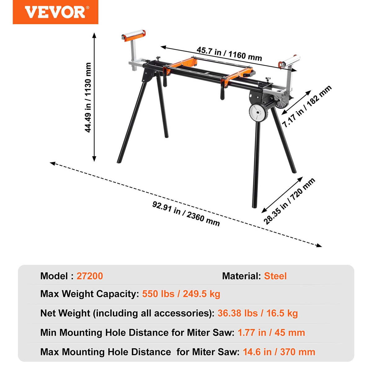 VEVOR leņķzāģa statīvs 550 kg noslodzei, tērauda salokāms statīvs leņķzāģiem