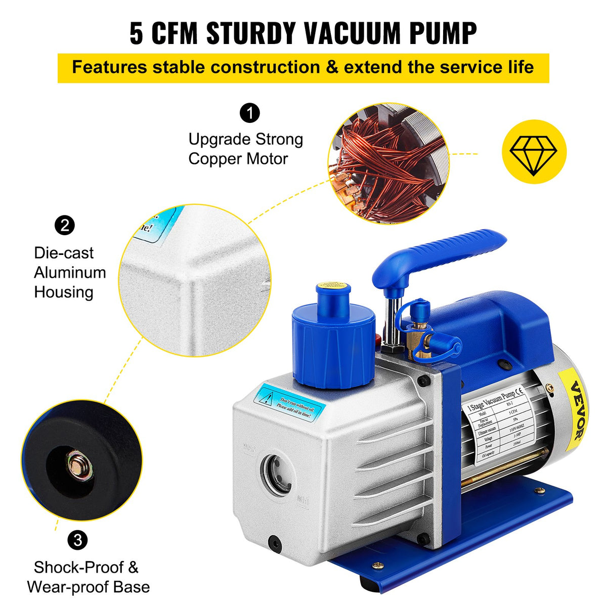 VEVOR Vacuum Chamber with Vacuum Pump 18.9 l, 5 CFM (142 l/min), 1/3 HP, Single-Stage Kit