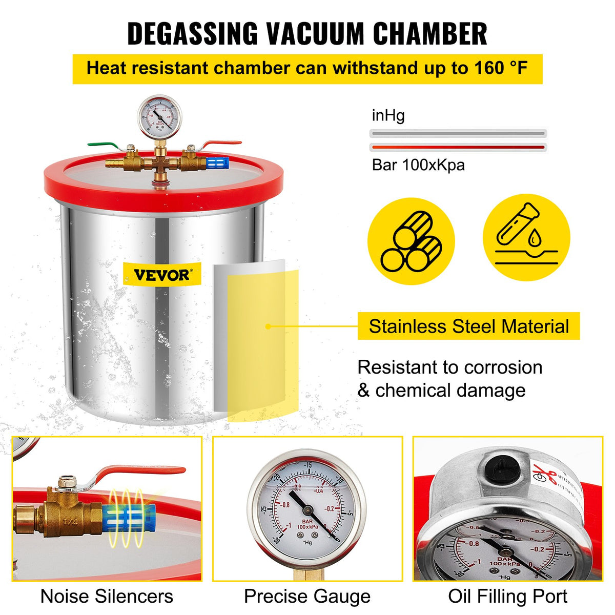 VEVOR Vacuum Chamber with Vacuum Pump 18.9 l, 5 CFM (142 l/min), 1/3 HP, Single-Stage Kit