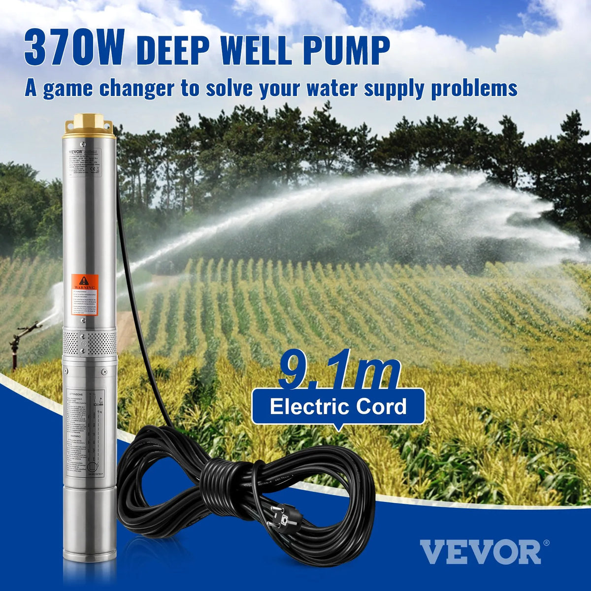 VEVOR Submersible Deep Well Pump 370 W, 230 V/50 Hz, Flow up to 5.3 m³/h, Lift Height up to 50 m, 9.1 m Electric Cable, Stainless Steel Housing, IP68, for Industrial, Irrigation and Domestic Use