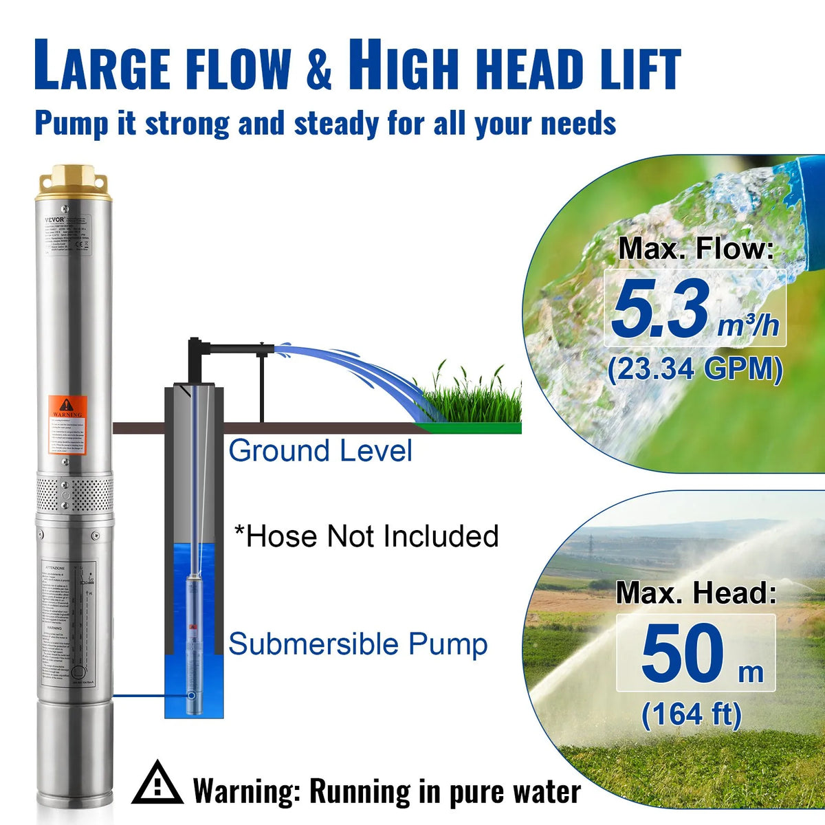 VEVOR Submersible Deep Well Pump 370 W, 230 V/50 Hz, Flow up to 5.3 m³/h, Lift Height up to 50 m, 9.1 m Electric Cable, Stainless Steel Housing, IP68, for Industrial, Irrigation and Domestic Use