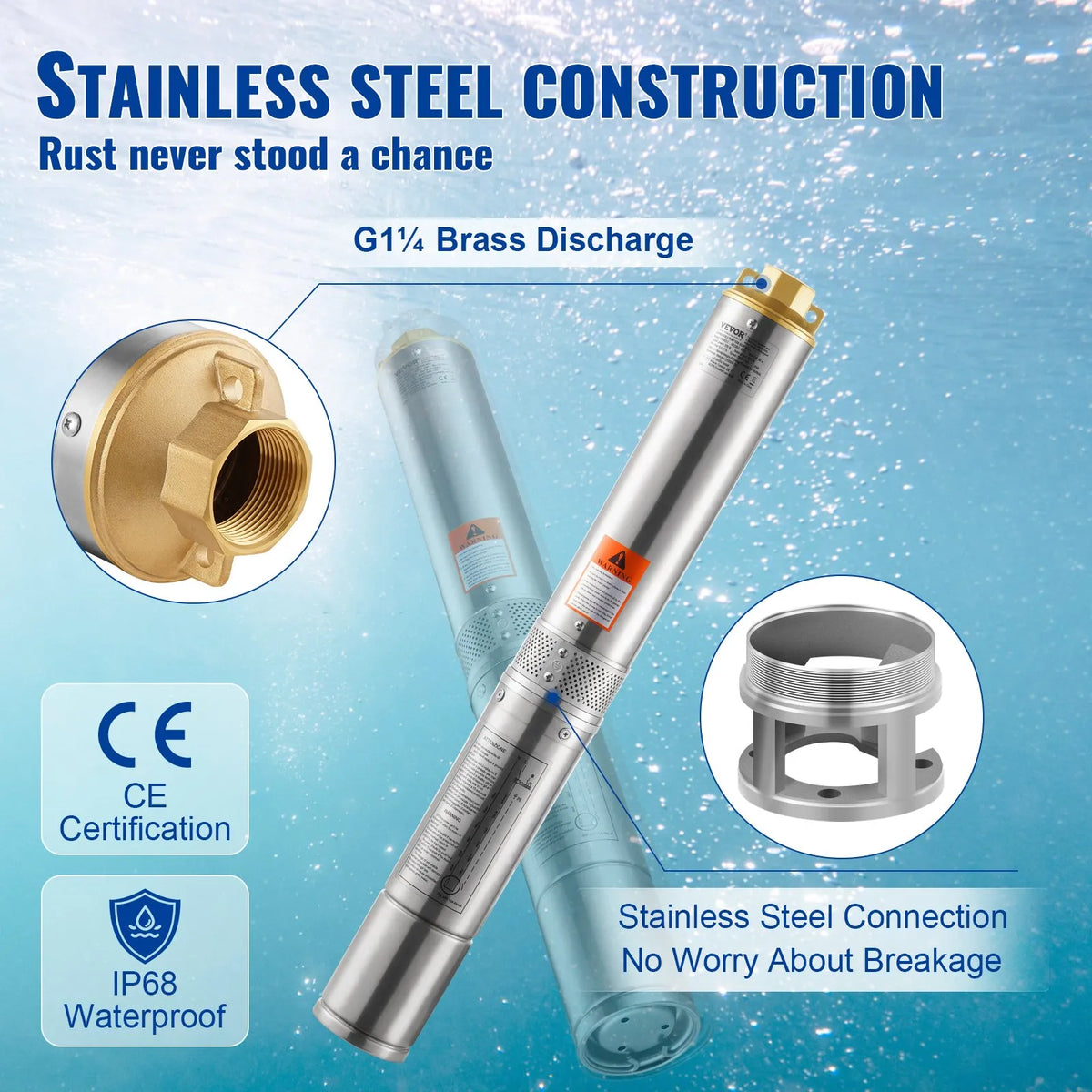 VEVOR Submersible Deep Well Pump 370 W, 230 V/50 Hz, Flow up to 5.3 m³/h, Lift Height up to 50 m, 9.1 m Electric Cable, Stainless Steel Housing, IP68, for Industrial, Irrigation and Domestic Use