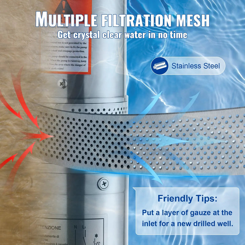 VEVOR dziļurbuma iegremdējamais sūknis 370 W, 230 V/50 Hz, plūsma līdz 5,3 m³/h, pacelšanas augstums līdz 50 m, 9,1 m elektriskais kabelis, nerūsējošā tērauda korpuss, IP68, rūpniecībai, apūdeņošanai un mājsaimniecībai