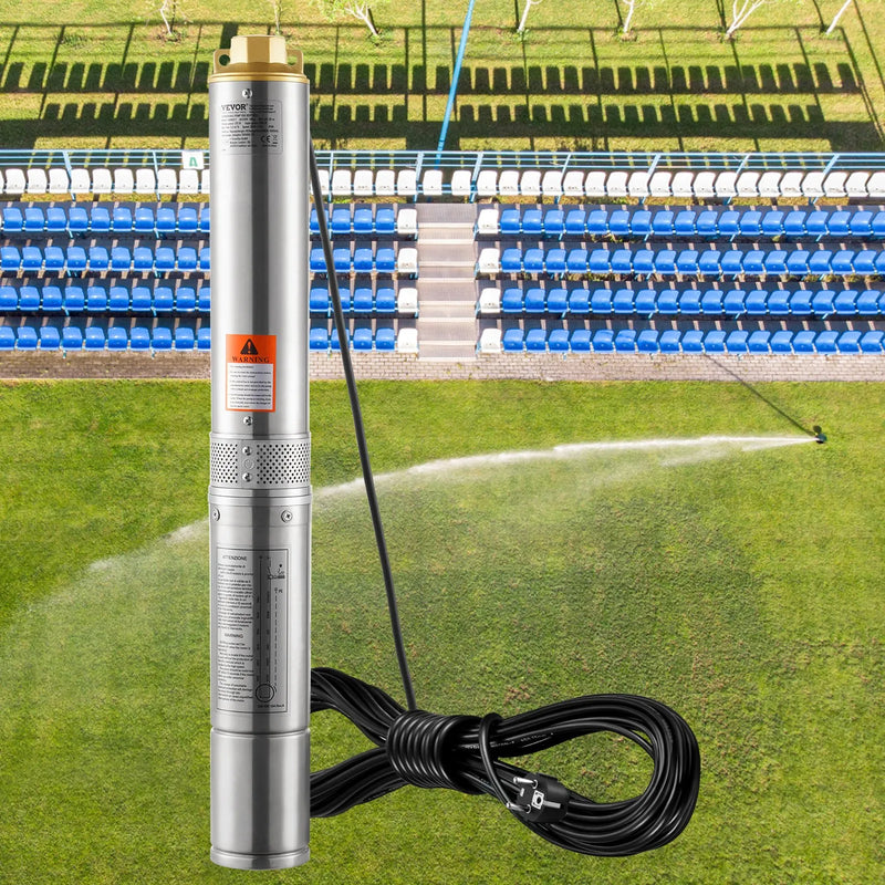 VEVOR dziļurbuma iegremdējamais sūknis 370 W, 230 V/50 Hz, plūsma līdz 5,3 m³/h, pacelšanas augstums līdz 50 m, 9,1 m elektriskais kabelis, nerūsējošā tērauda korpuss, IP68, rūpniecībai, apūdeņošanai un mājsaimniecībai