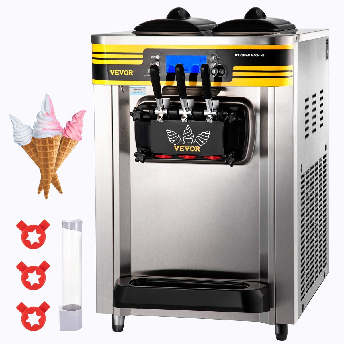 VEVOR Commercial Soft Serve Ice Cream Machine 22–30 l/h, 2350 W, 2 × 6 l Hoppers, LCD Panel, Frozen Yogurt