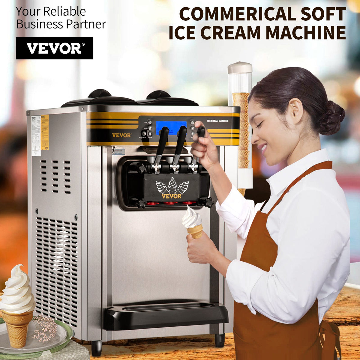 VEVOR Commercial Soft Serve Ice Cream Machine 22–30 l/h, 2350 W, 2 × 6 l Hoppers, LCD Panel, Frozen Yogurt