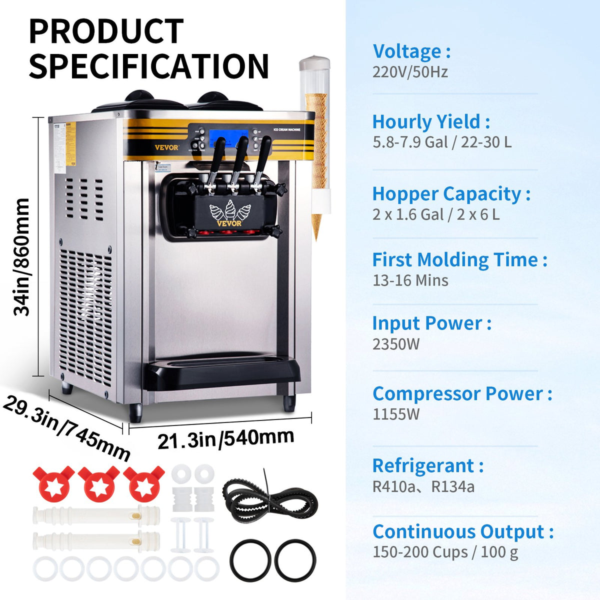 VEVOR Commercial Soft Serve Ice Cream Machine 22–30 l/h, 2350 W, 2 × 6 l Hoppers, LCD Panel, Frozen Yogurt
