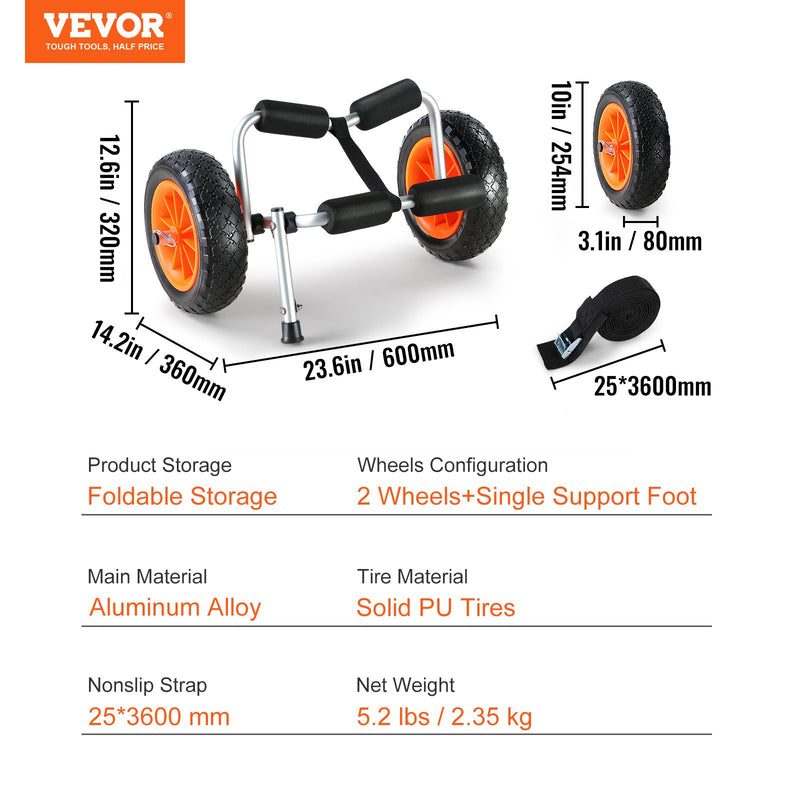 VEVOR kajaka rati 113 kg, salokāmi, 254 mm pilnriepu riteņi, neslīdošs balsts, stiprinājuma siksna