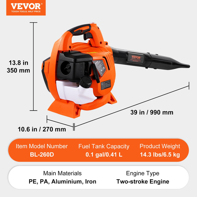 VEVOR benzīna lapu pūtējs, 26 cm³, 2-taktu rokas modelis, 722 m³/h gaisa plūsma