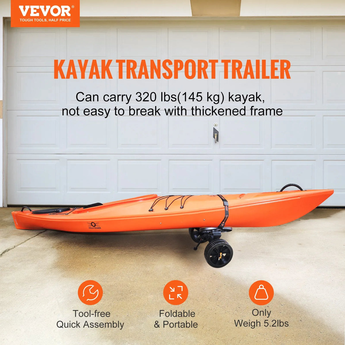 VEVOR Heavy-Duty Kayak Cart, 145 kg Load Capacity, Removable, with 254 mm Solid Tyres, Adjustable Straps and Non-Slip Foot Pads, Suitable for Kayaks, Canoes, SUP Boards, Floating Mats and Flat-Bottom Boats