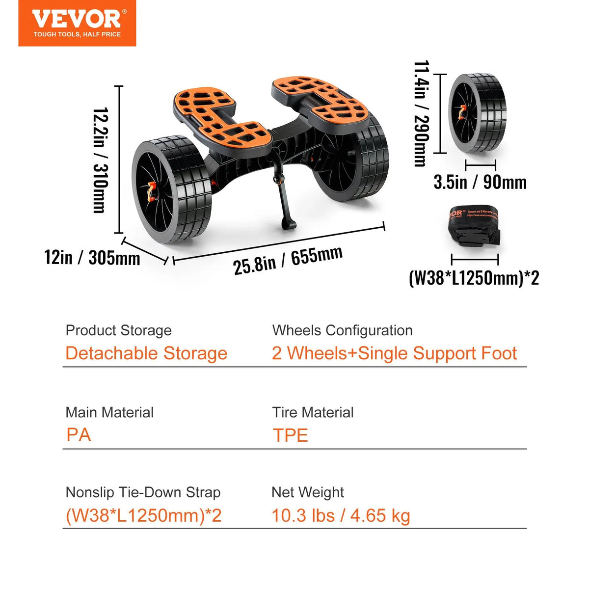 VEVOR Heavy-Duty Kayak Cart, 145 kg Load Capacity, Removable, with 254 mm Solid Tyres, Adjustable Straps and Non-Slip Foot Pads, Suitable for Kayaks, Canoes, SUP Boards, Floating Mats and Flat-Bottom Boats