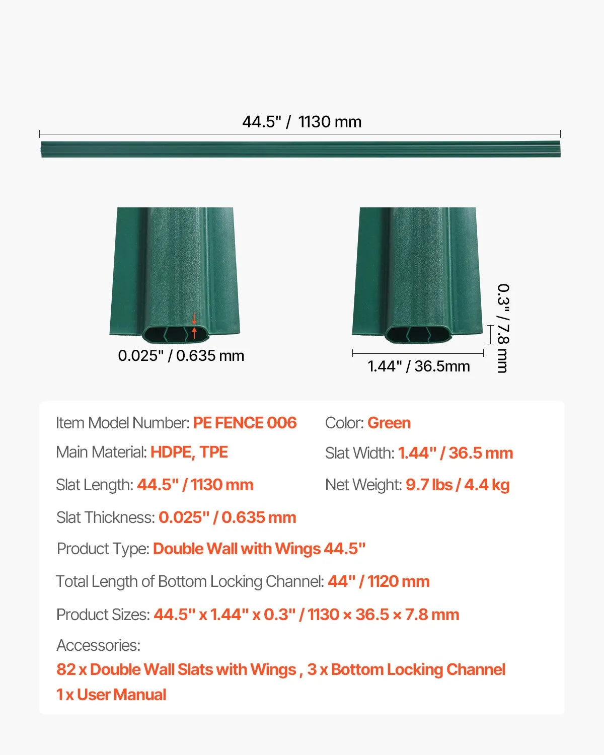Metal mesh fence privacy slats with double wall and edges, for 122 cm high fence