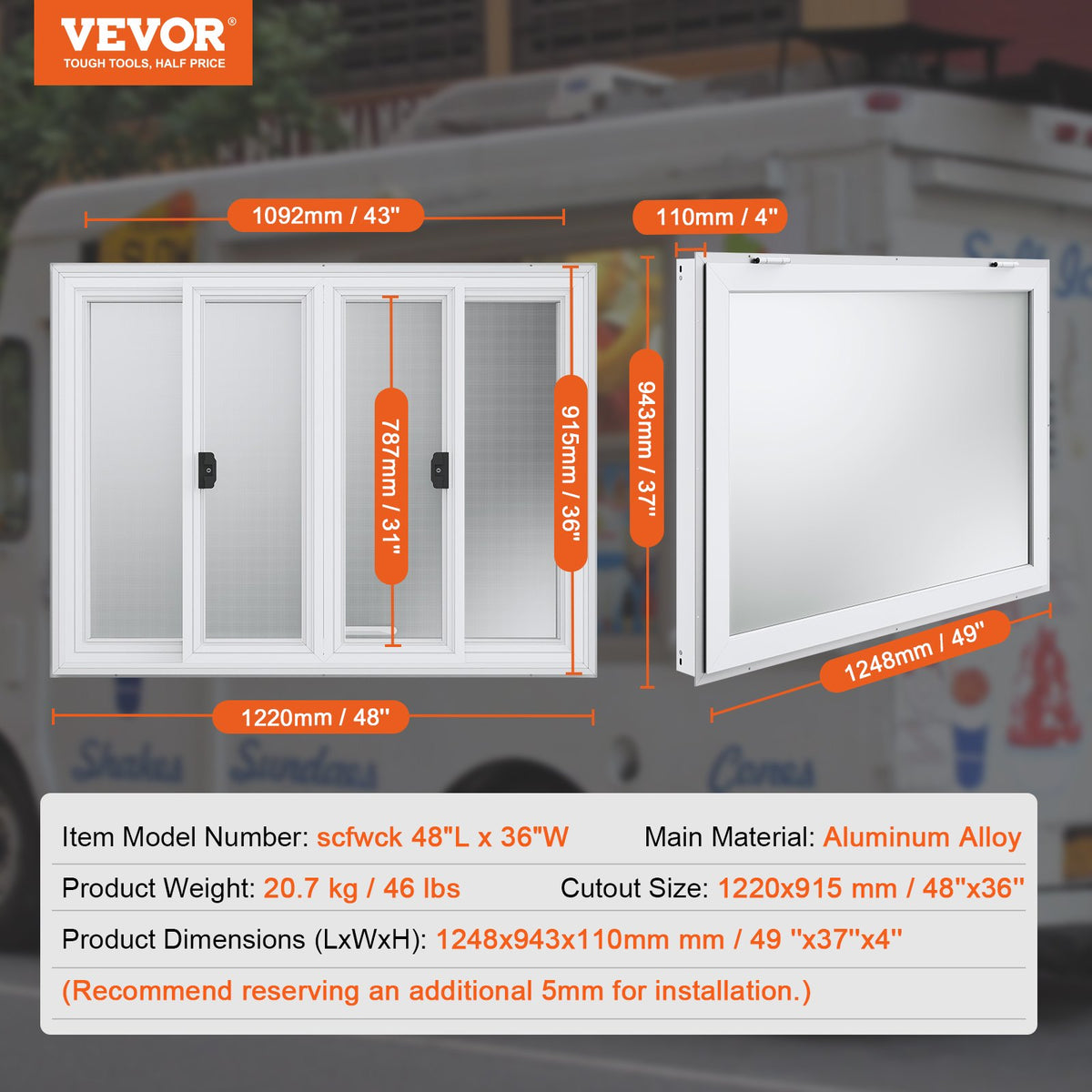 VEVOR Service Window Opening 122 × 91.4 cm, Pass-Through Trade Window for Food Truck