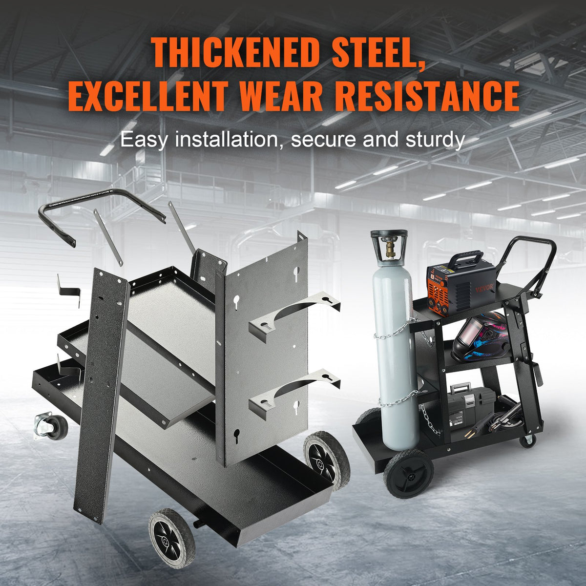 VEVOR Welding Trolley 3-Tier, 180 kg, with Cylinder Chains, for MIG/TIG/ARC and Plasma Cutters