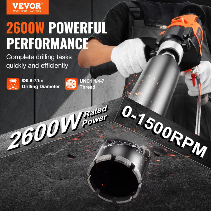 VEVOR rokas serdes urbjmašīna, urbšanas diametrs 2,03–18 cm, 2600 W, serdes urbšanas iekārta ar maisīšanas funkciju