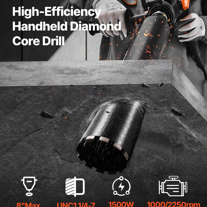 VEVOR dimanta serdes urbjmašīna, urbšanas diametrs līdz 200 mm, rokas mitrās un sausās urbšanas iekārta betonam, 2 ātrumi 1000/2250 apgr./min, UNC 1 1/4–7 vītne, 1500 W, ar 4 urbjiem, betonam, ķieģelim un akmenim