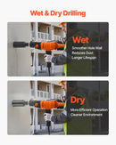 VEVOR dimanta serdes urbjmašīna, urbšanas diametrs līdz 200 mm, rokas mitrās un sausās urbšanas iekārta betonam, 2 ātrumi 1000/2250 apgr./min, UNC 1 1/4–7 vītne, 1500 W, ar 4 urbjiem, betonam, ķieģelim un akmenim