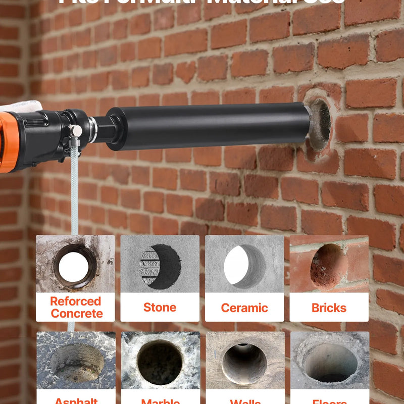 VEVOR dimanta serdes urbjmašīna, urbšanas diametrs līdz 200 mm, rokas mitrās un sausās urbšanas iekārta betonam, 2 ātrumi 1000/2250 apgr./min, UNC 1 1/4–7 vītne, 1500 W, ar 4 urbjiem, betonam, ķieģelim un akmenim