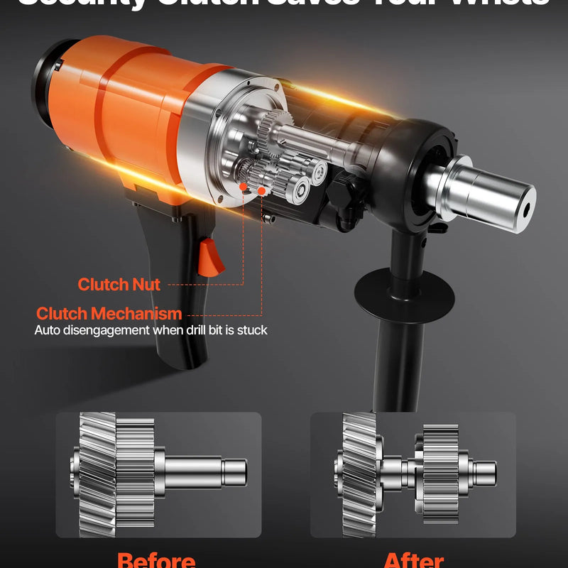 VEVOR dimanta serdes urbjmašīna, urbšanas diametrs līdz 200 mm, rokas mitrās un sausās urbšanas iekārta betonam, 2 ātrumi 1000/2250 apgr./min, UNC 1 1/4–7 vītne, 1500 W, ar 4 urbjiem, betonam, ķieģelim un akmenim