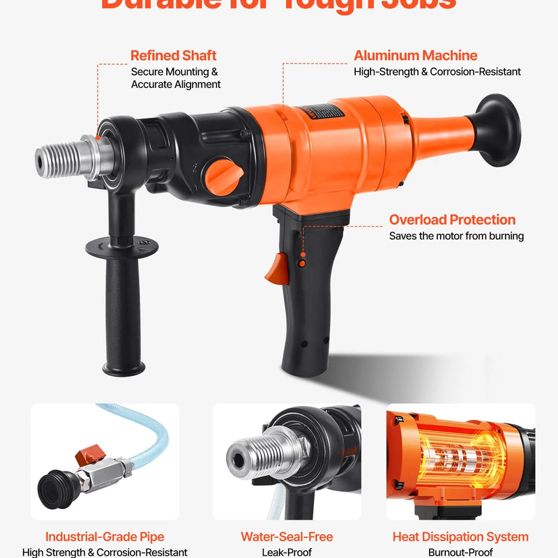 VEVOR dimanta serdes urbjmašīna, urbšanas diametrs līdz 200 mm, rokas mitrās un sausās urbšanas iekārta betonam, 2 ātrumi 1000/2250 apgr./min, UNC 1 1/4–7 vītne, 1500 W, ar 4 urbjiem, betonam, ķieģelim un akmenim