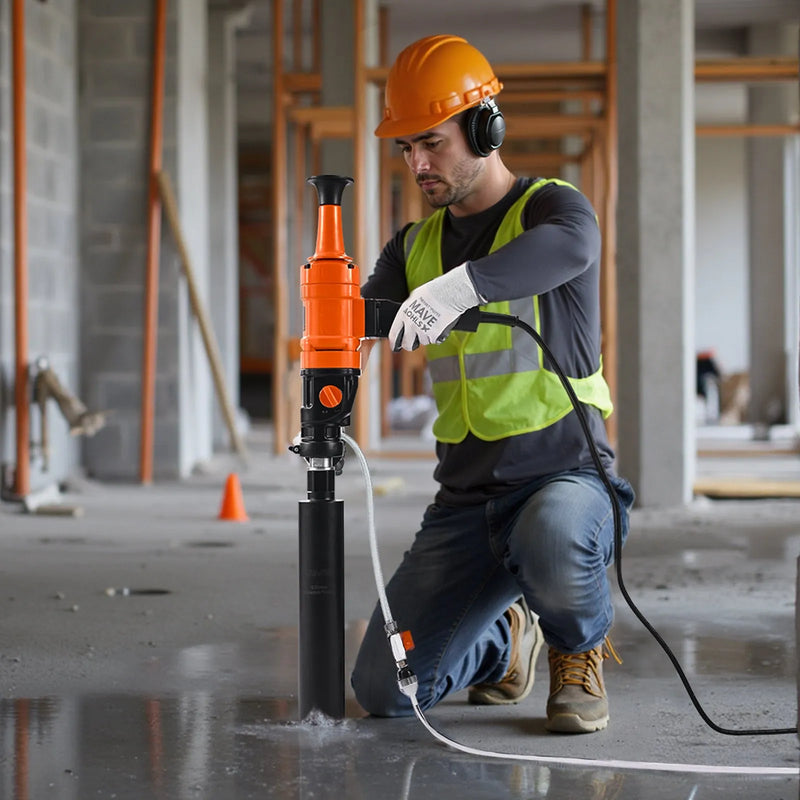 VEVOR dimanta serdes urbjmašīna, urbšanas diametrs līdz 200 mm, rokas mitrās un sausās urbšanas iekārta betonam, 2 ātrumi 1000/2250 apgr./min, UNC 1 1/4–7 vītne, 1500 W, ar 4 urbjiem, betonam, ķieģelim un akmenim