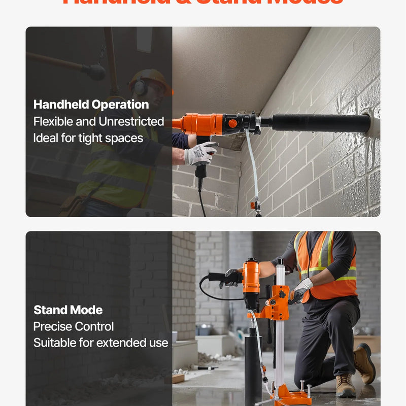 VEVOR dimanta kodolurbšanas iekārta, urbšanas diametrs līdz 200 mm, 2-in-1 rokas un statīvā montējama sausai un mitrai urbšanai betonā, 4 urbji, 2 ātrumi 1000/2250 apgr./min, 1500 W