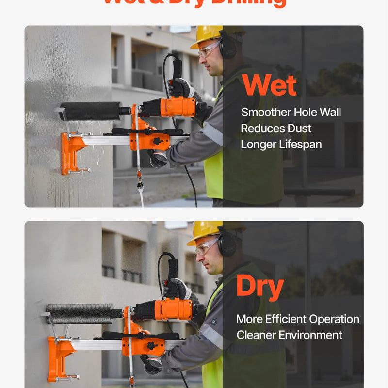 VEVOR dimanta kodolurbšanas iekārta, urbšanas diametrs līdz 200 mm, 2-in-1 rokas un statīvā montējama sausai un mitrai urbšanai betonā, 4 urbji, 2 ātrumi 1000/2250 apgr./min, 1500 W