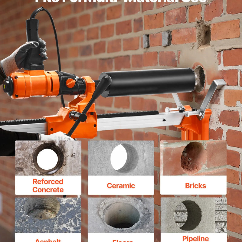 VEVOR dimanta kodolurbšanas iekārta, urbšanas diametrs līdz 200 mm, 2-in-1 rokas un statīvā montējama sausai un mitrai urbšanai betonā, 4 urbji, 2 ātrumi 1000/2250 apgr./min, 1500 W