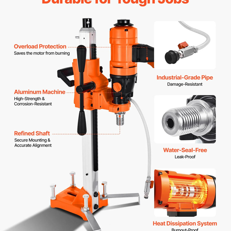 VEVOR dimanta kodolurbšanas iekārta, urbšanas diametrs līdz 200 mm, 2-in-1 rokas un statīvā montējama sausai un mitrai urbšanai betonā, 4 urbji, 2 ātrumi 1000/2250 apgr./min, 1500 W