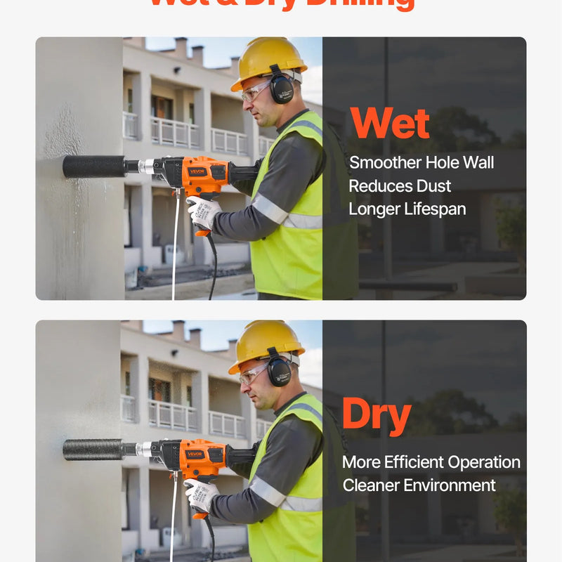 VEVOR dimanta serdes urbjmašīna, urbšanas diametrs 20–160 mm, rokas mitrās un sausās urbšanas iekārta betonam, regulējams ātrums 0–1800 apgr./min, 2000 W, UNC 1 1/4–7 vītne, ar 4 urbjiem, piemērota betonam, ķieģelim un akmenim