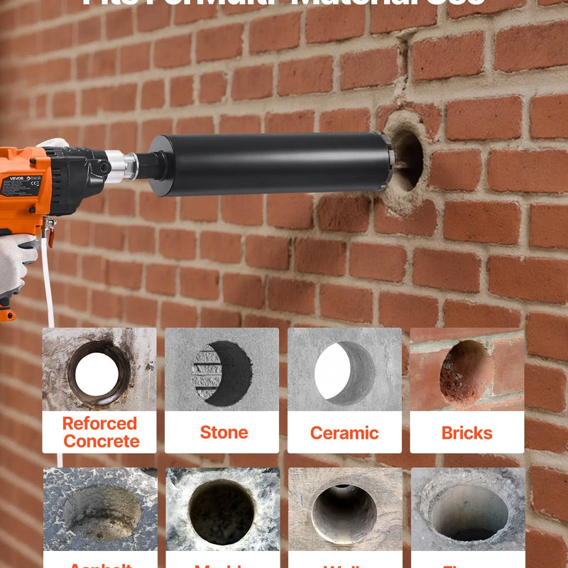 VEVOR dimanta serdes urbjmašīna, urbšanas diametrs 20–160 mm, rokas mitrās un sausās urbšanas iekārta betonam, regulējams ātrums 0–1800 apgr./min, 2000 W, UNC 1 1/4–7 vītne, ar 4 urbjiem, piemērota betonam, ķieģelim un akmenim