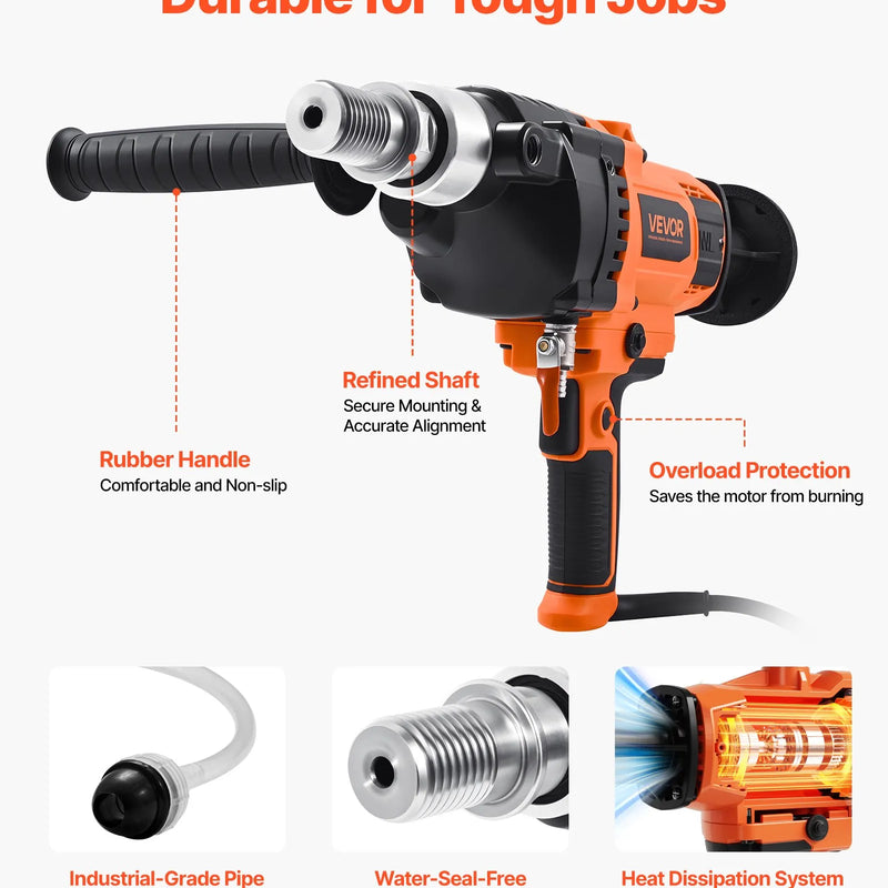 VEVOR dimanta serdes urbjmašīna, urbšanas diametrs 20–160 mm, rokas mitrās un sausās urbšanas iekārta betonam, regulējams ātrums 0–1800 apgr./min, 2000 W, UNC 1 1/4–7 vītne, ar 4 urbjiem, piemērota betonam, ķieģelim un akmenim
