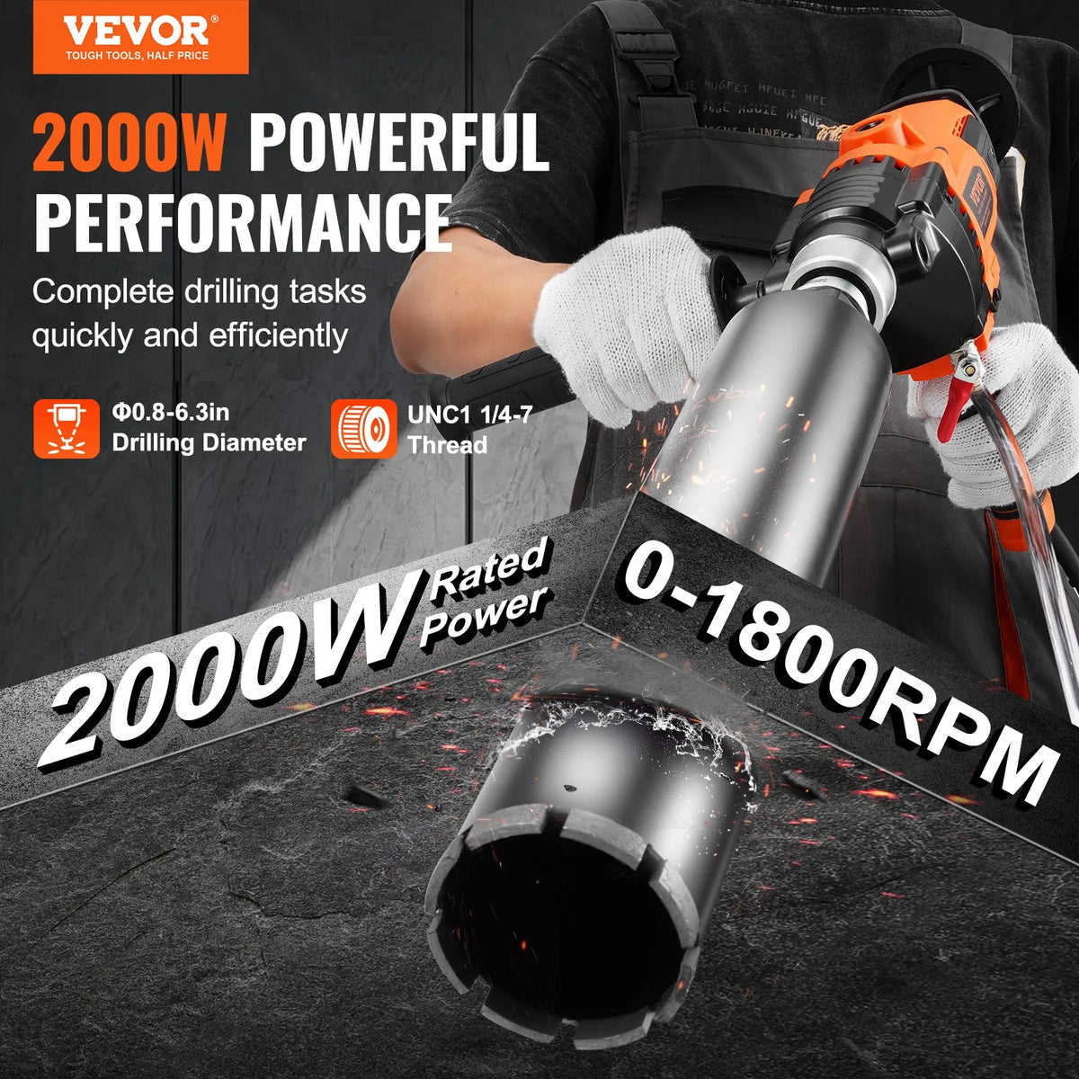 VEVOR Core Drill, Drilling Diameter 20–160 mm, 2000 W Handheld Core Drilling Machine for Concrete, Brick and Other Masonry Materials, Also for Mixing