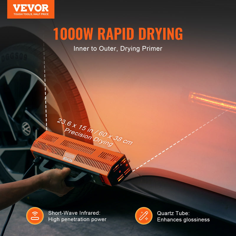 VEVOR 1000W rokas infrasarkanā krāsas žāvēšanas lampa ir augstas veiktspējas ierīce, kas paredzēta ātrai un efektīvai automašīnu virsbūves krāsojuma, gruntējuma un citu pārklājumu žāvēšanai.