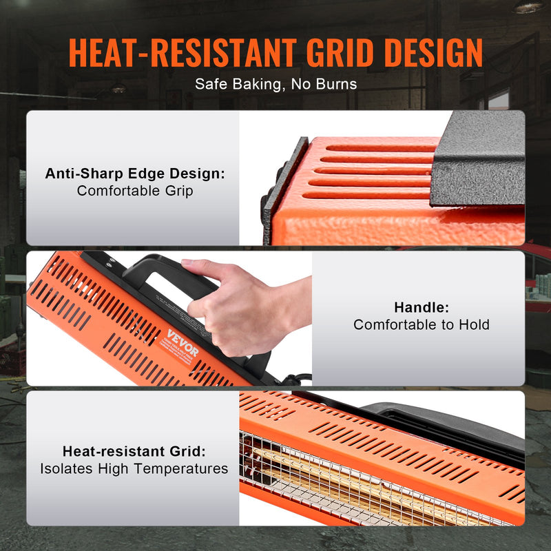 VEVOR 1000W rokas infrasarkanā krāsas žāvēšanas lampa ir augstas veiktspējas ierīce, kas paredzēta ātrai un efektīvai automašīnu virsbūves krāsojuma, gruntējuma un citu pārklājumu žāvēšanai.