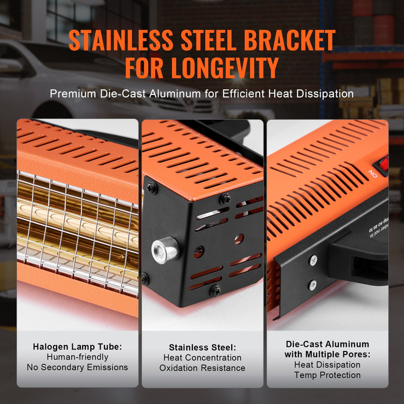 VEVOR 1000W rokas infrasarkanā krāsas žāvēšanas lampa ir augstas veiktspējas ierīce, kas paredzēta ātrai un efektīvai automašīnu virsbūves krāsojuma, gruntējuma un citu pārklājumu žāvēšanai.