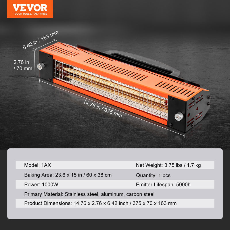 VEVOR 1000W rokas infrasarkanā krāsas žāvēšanas lampa ir augstas veiktspējas ierīce, kas paredzēta ātrai un efektīvai automašīnu virsbūves krāsojuma, gruntējuma un citu pārklājumu žāvēšanai.