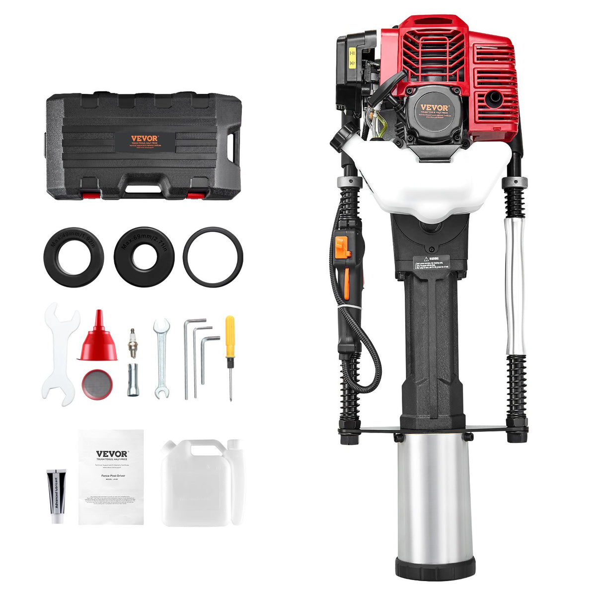 VEVOR Petrol Post Driver 52 cc, 2-Stroke, with 3 Attachments for T-Type and Round Posts